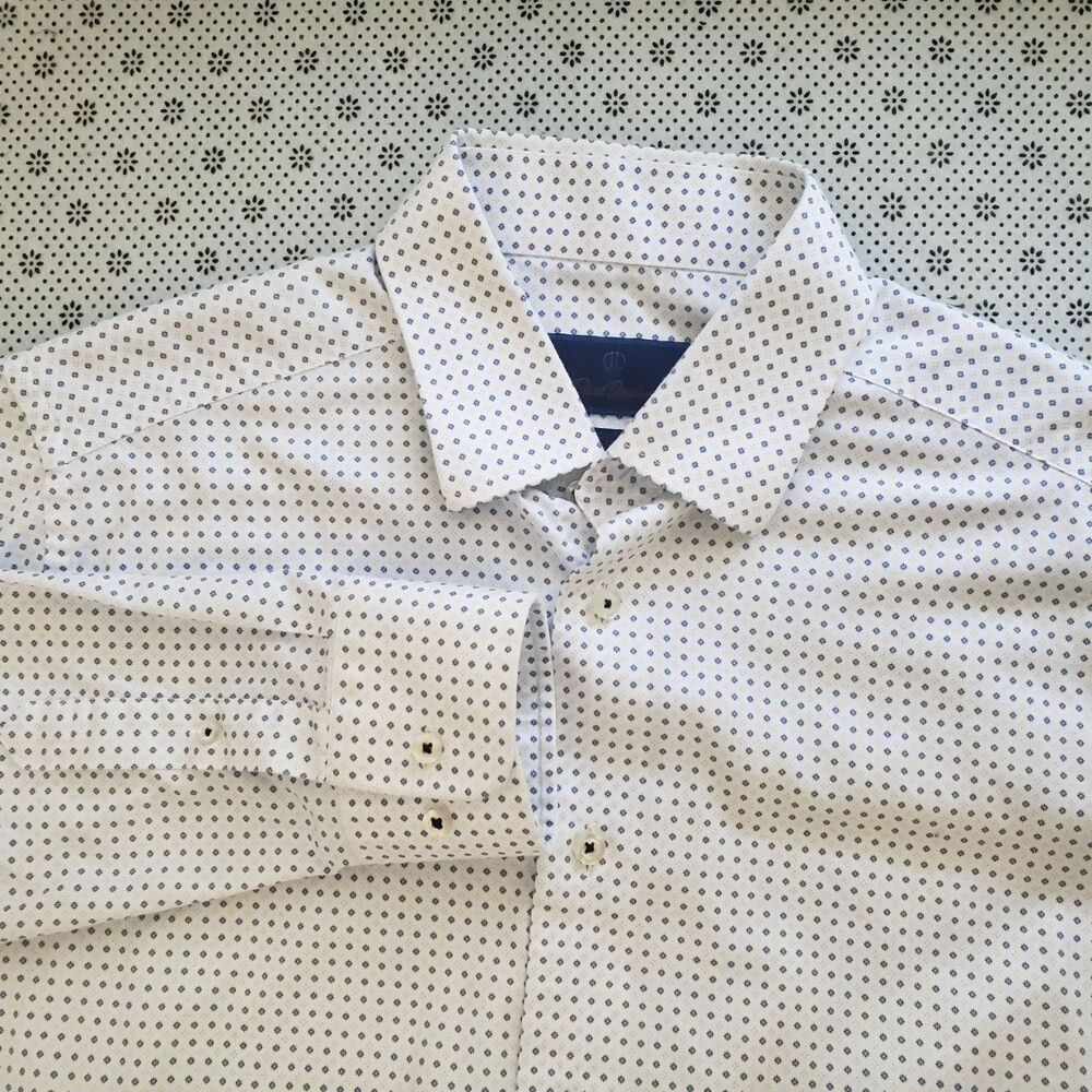 David Donahue Men's Slim Fit Dress Shirt 16 32/33 White Blue Geometric Pattern